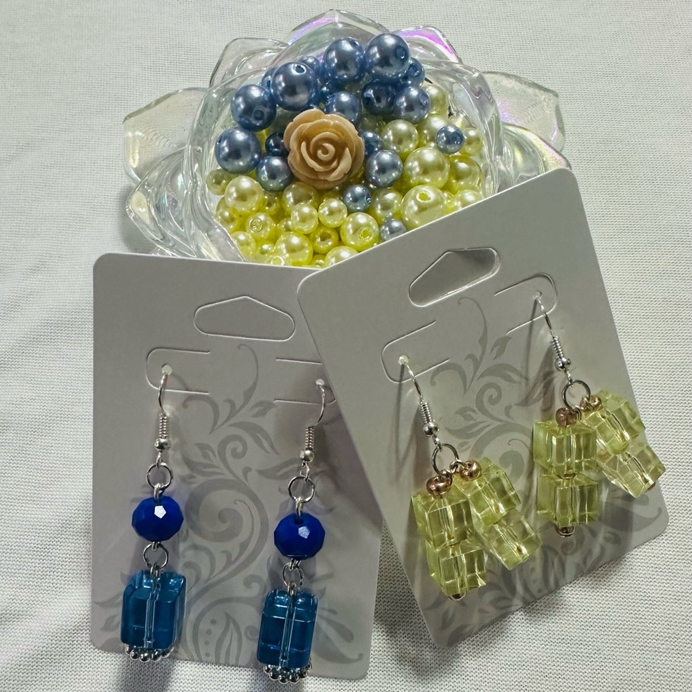 Blue and Yellow Beaded Earrings Set